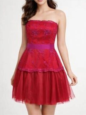 Pearl Georgina Chapman by Marchesa Red Lace Tulle Strapless Mini Dress Size 4